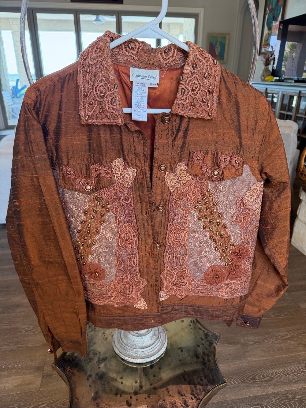 Coldwater Creek Embroidered Rust Lace Jean Jacket